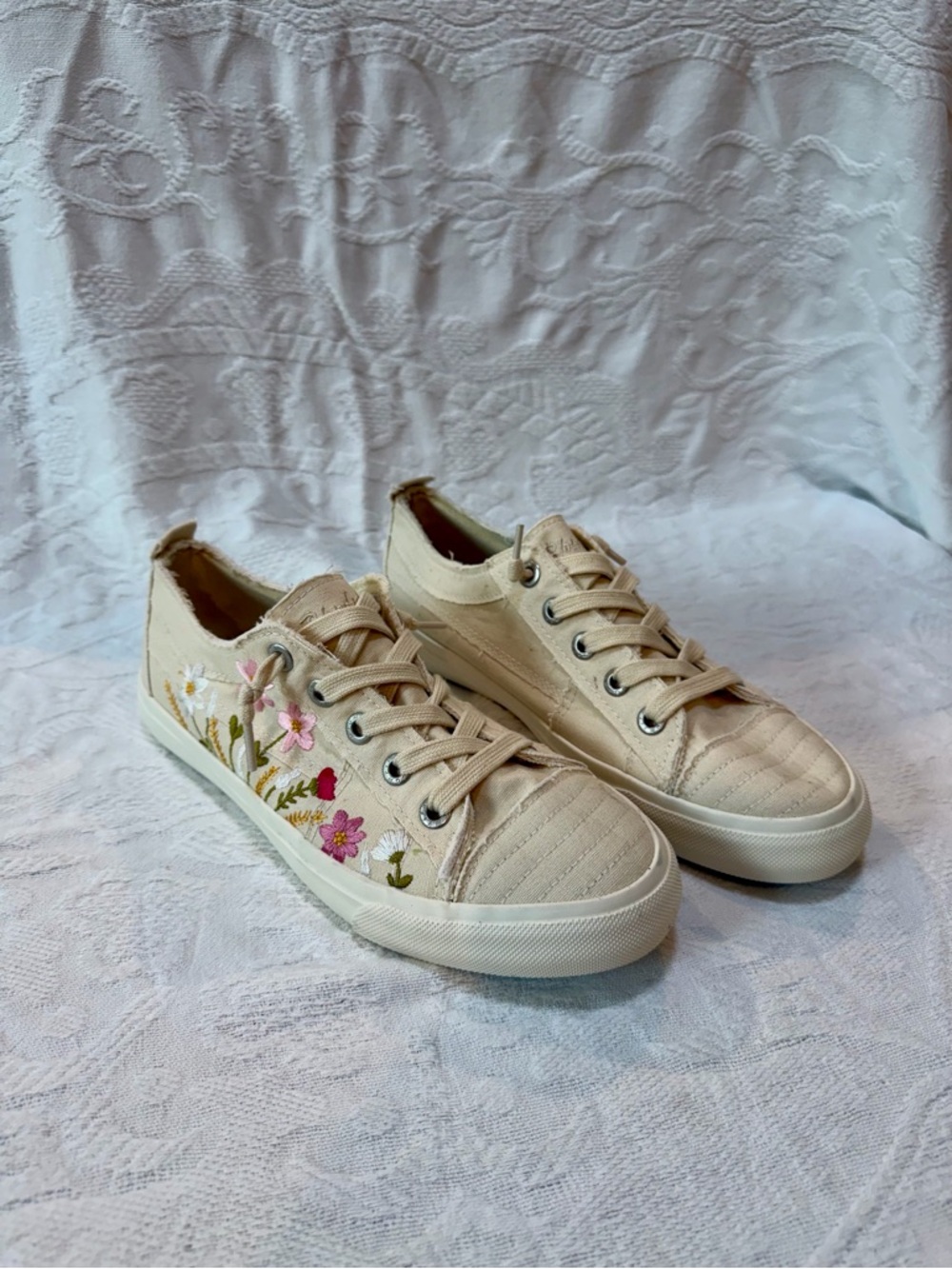 Cream Canvas Sneakers with Pink & Green Floral Embroidery